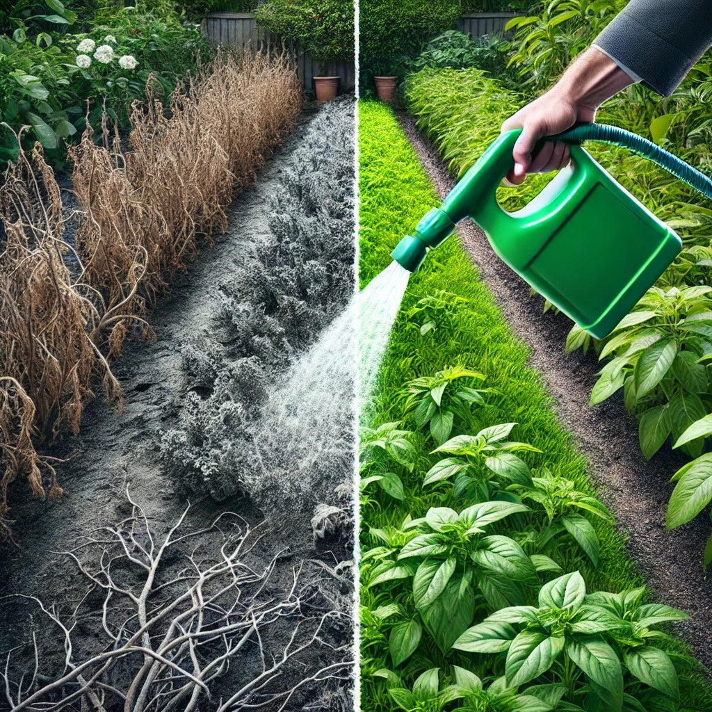 Application d’un désherbant puissant dans un jardin envahi par les mauvaises herbes, montrant un contraste net entre les zones traitées et non traitées